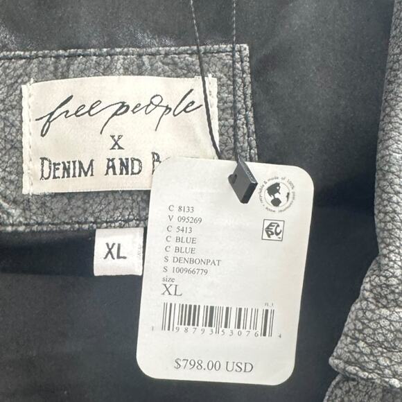 Free People Denim & Bone Patchwork Moto Leather Jacket Size XL - Picture 7 of 8